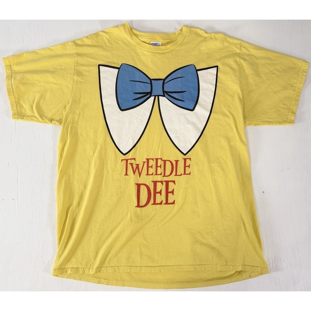 Disney Alice In Wonderland Adult Yellow Tweedle Dee T Shirt XL Bow Tie Cotton